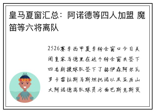 皇马夏窗汇总：阿诺德等四人加盟 魔笛等六将离队